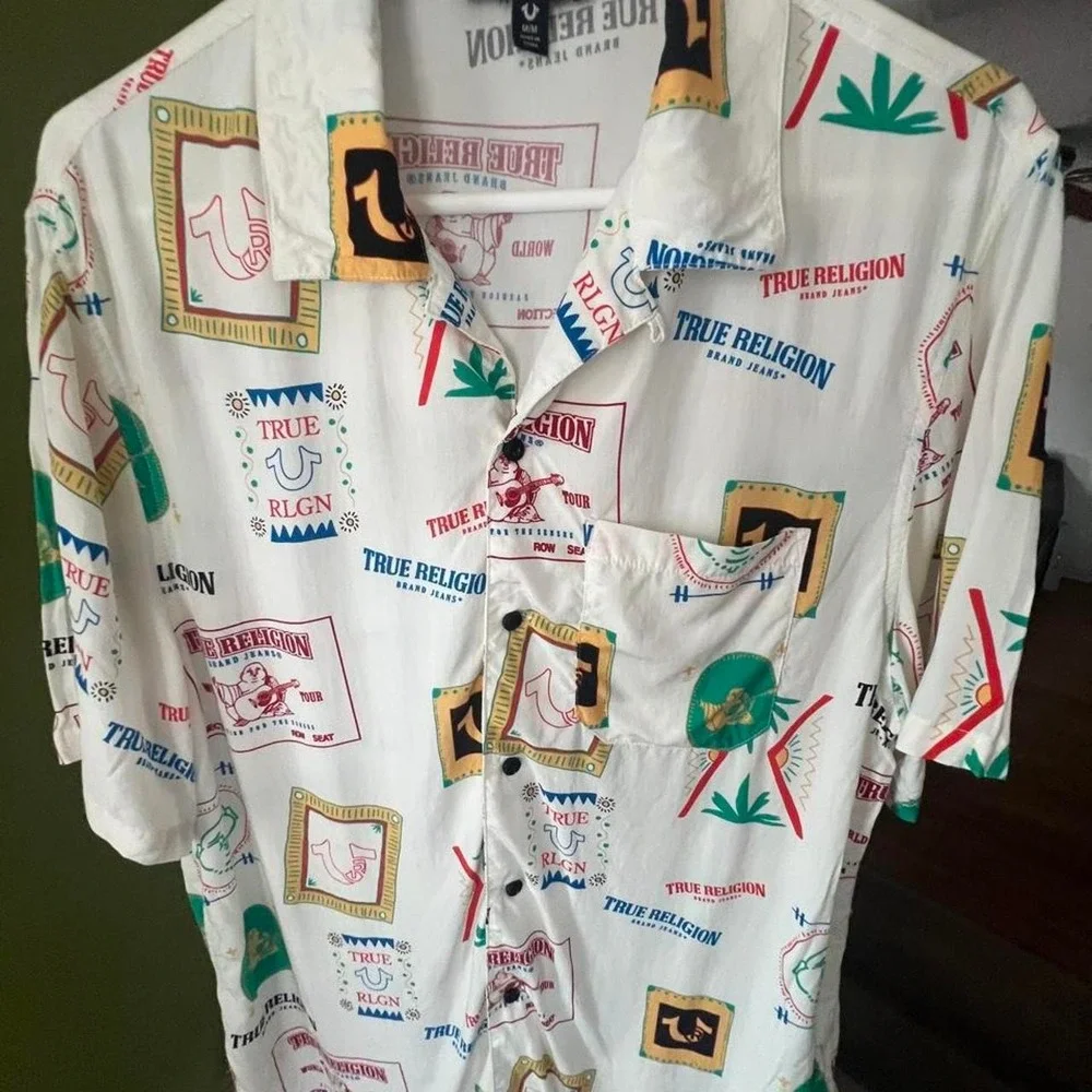 True Religion Mens Medium Resort Camp Collar Shirt Vacation Hawaiian Style All